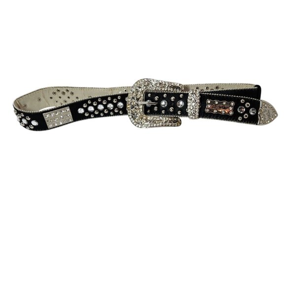 Vintage BHW Women's Black Leather Western Belt Silver Bling Accents Sz Medium - Picture 4 of 13